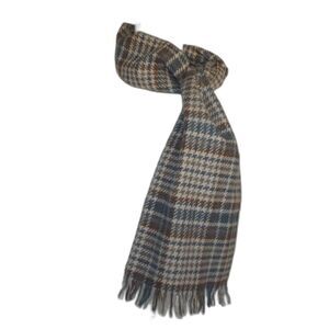 Wooly scarf, 8 x 56, Plaid w/Houndstooth, Fringe, Off-white, Gray, brown